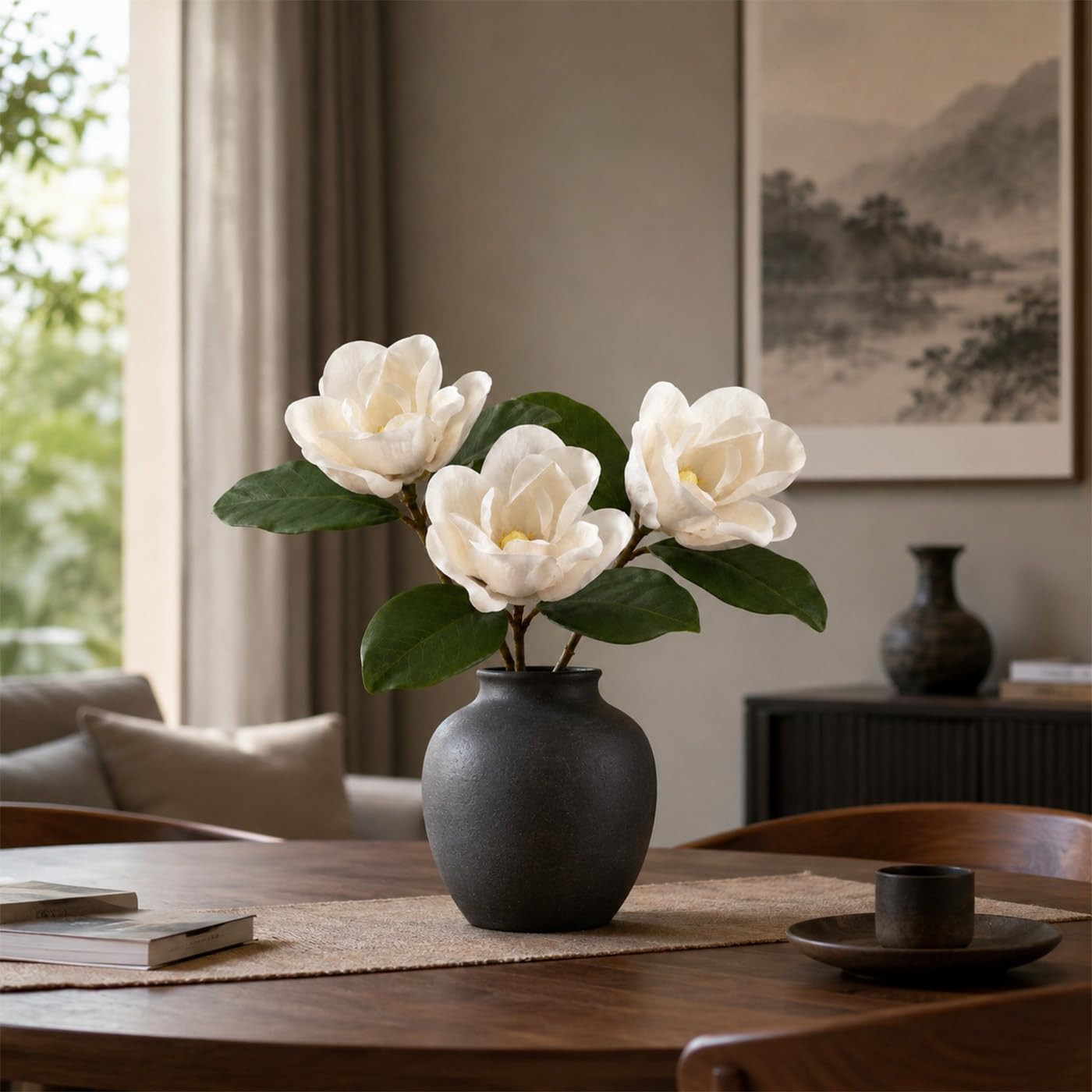 3 Stems Faux Magnolia Flowers, Magnolia Fake Flowers, Real Touch Creamy White Southern Magnolia Stems Artificial Realistic, Faux Florals for Vase