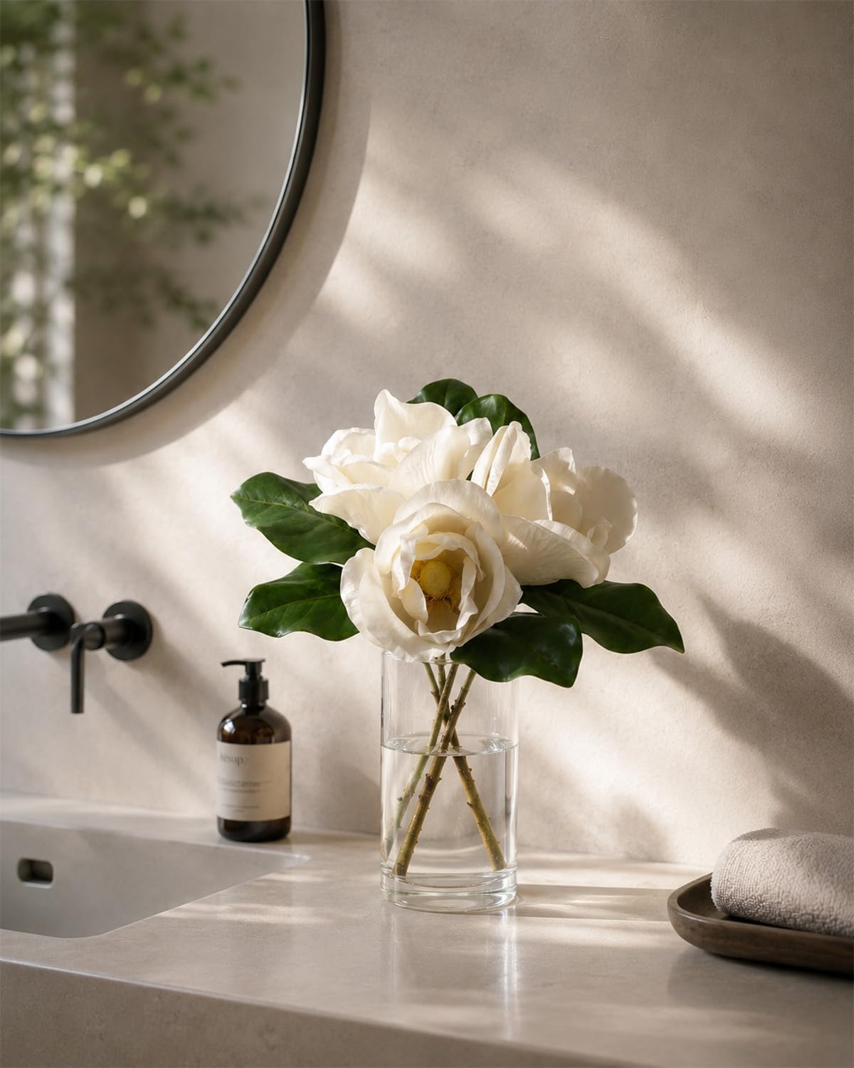 3 Stems Faux Magnolia Flowers, Magnolia Fake Flowers, Real Touch Creamy White Southern Magnolia Stems Artificial Realistic, Faux Florals for Vase