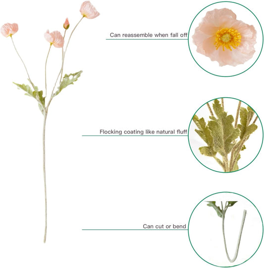 Artificial Poppy Flowers, 8 Bundles Faux Poppies with Stems for Floral Arrangements - Wedding, Home, Office, Party Table Centerpiece Decor