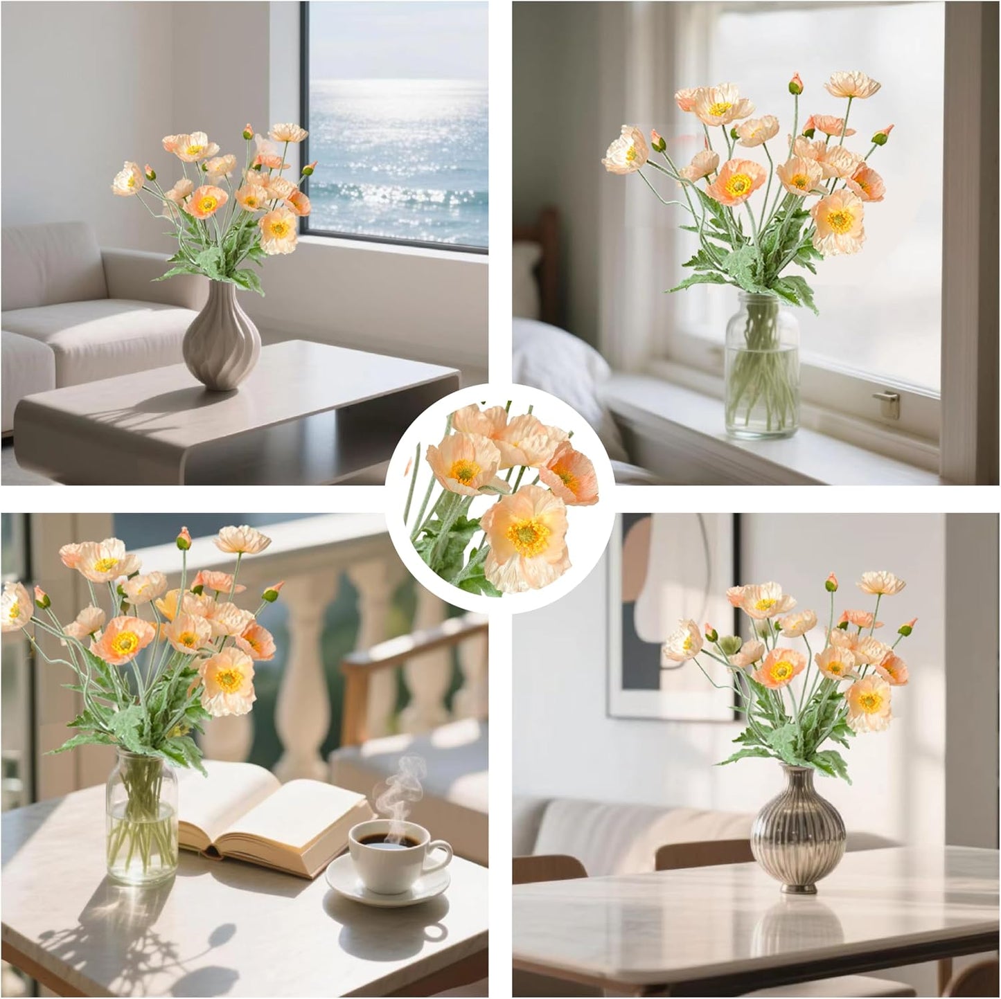 Artificial Poppy Flowers, 8 Bundles Faux Poppies with Stems for Floral Arrangements - Wedding, Home, Office, Party Table Centerpiece Decor
