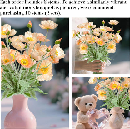 Artificial Poppy Flowers, 8 Bundles Faux Poppies with Stems for Floral Arrangements - Wedding, Home, Office, Party Table Centerpiece Decor