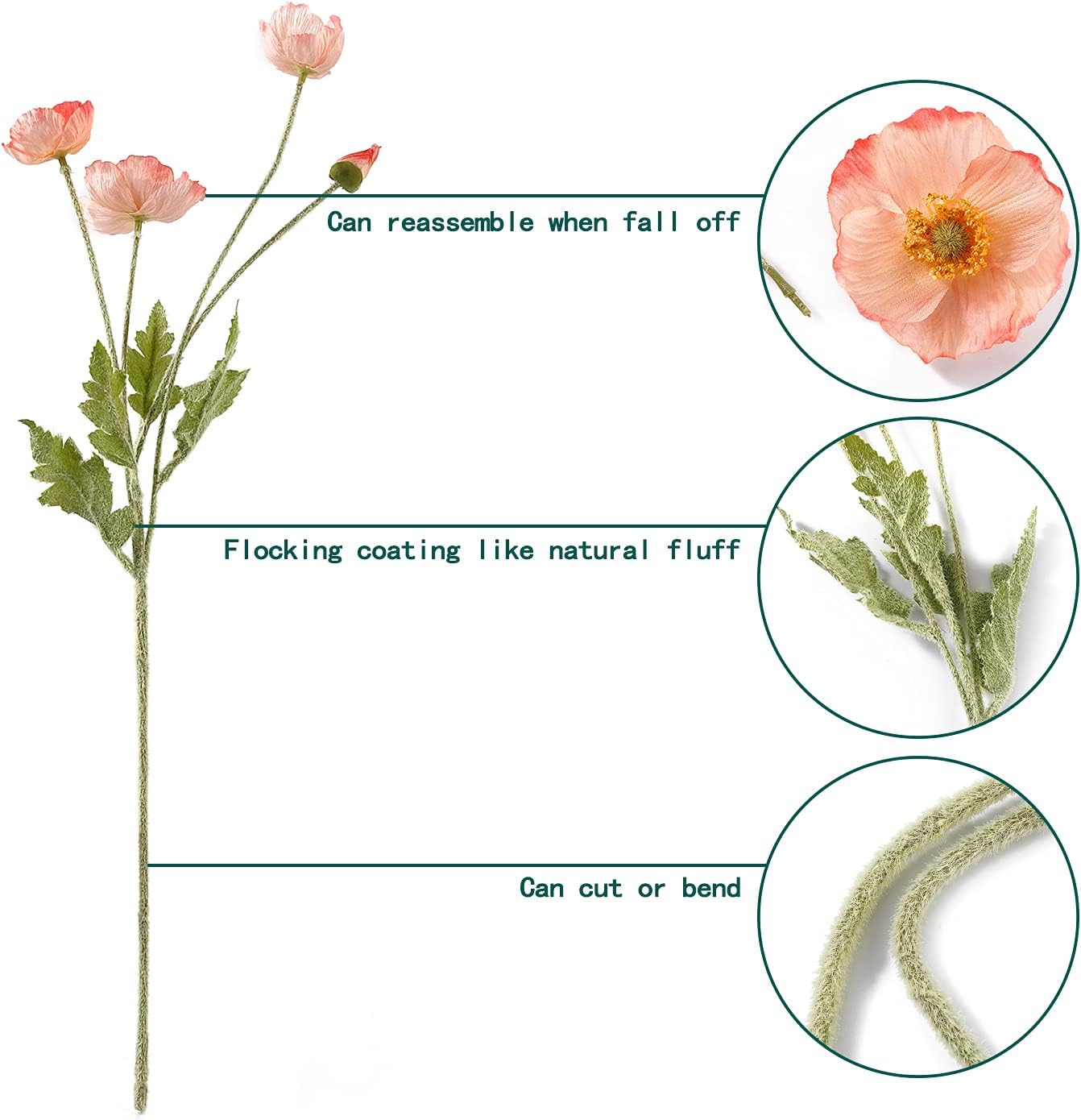Artificial Poppy Flowers, 8 Bundles Faux Poppies with Stems for Floral Arrangements - Wedding, Home, Office, Party Table Centerpiece Decor