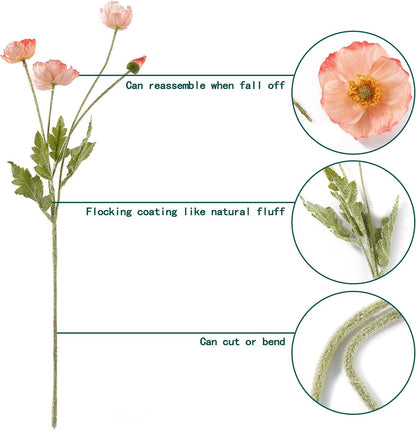 Artificial Poppy Flowers, 8 Bundles Faux Poppies with Stems for Floral Arrangements - Wedding, Home, Office, Party Table Centerpiece Decor