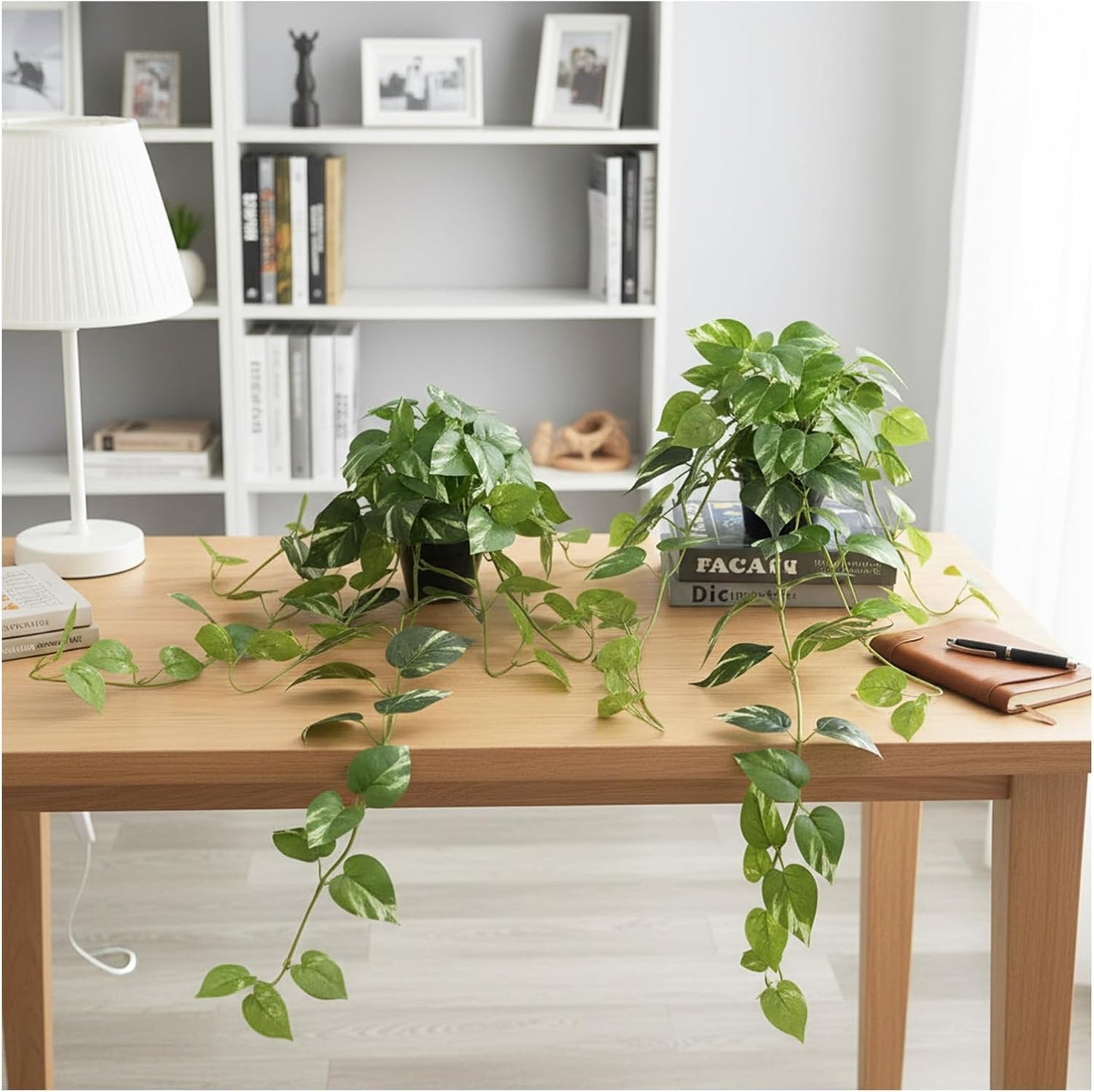 33" Artificial Pothos Hanging Plants Fake Ivy Vine with Pot - 2 Pack Realistic Silk Leaf Faux Greenery for Home Living Room Office Desk Bookshelf Indoor Decor, Low Maintenance (White-Green)