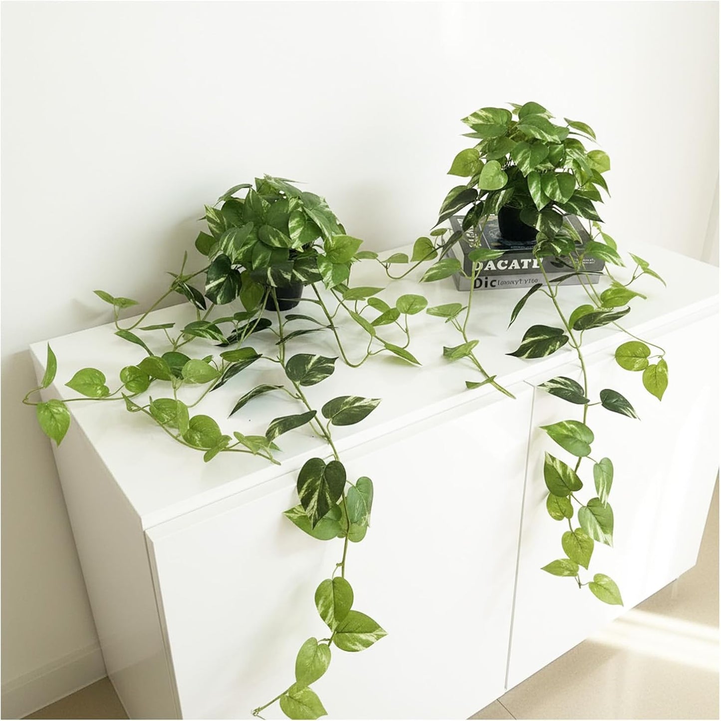 33" Artificial Pothos Hanging Plants Fake Ivy Vine with Pot - 2 Pack Realistic Silk Leaf Faux Greenery for Home Living Room Office Desk Bookshelf Indoor Decor, Low Maintenance (White-Green)