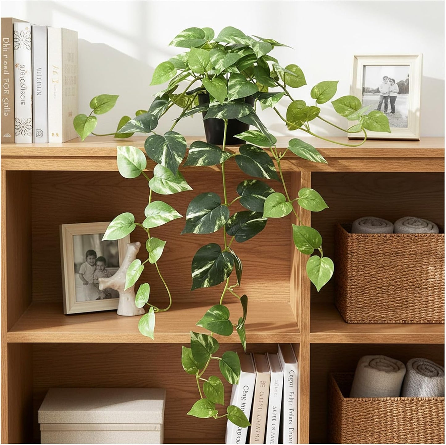33" Artificial Pothos Hanging Plants Fake Ivy Vine with Pot - 2 Pack Realistic Silk Leaf Faux Greenery for Home Living Room Office Desk Bookshelf Indoor Decor, Low Maintenance (White-Green)