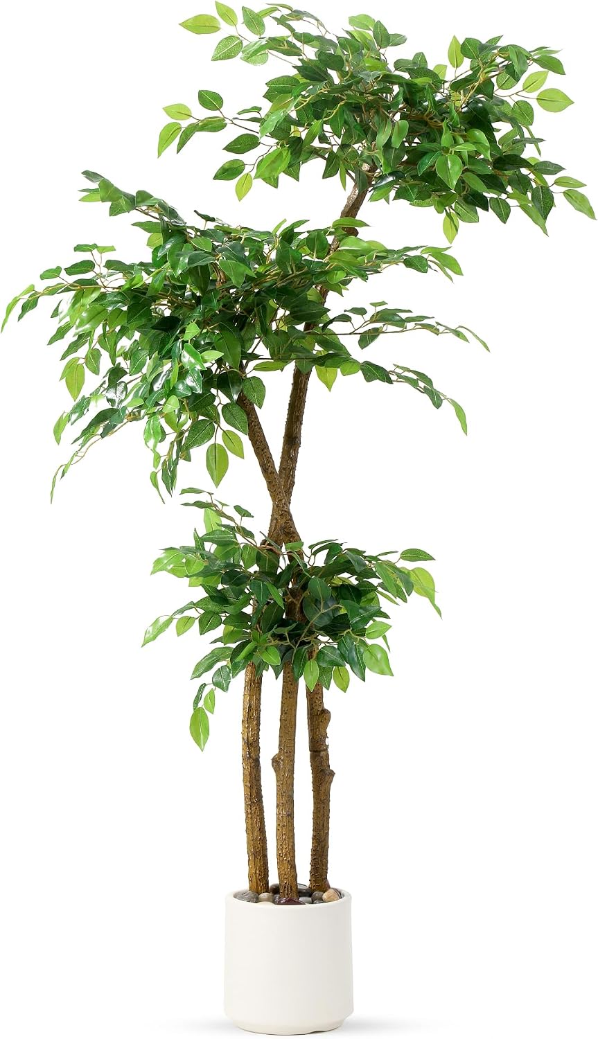 Artificial Ficus Tree with White Planter, Moss and Pebbles, 5FT