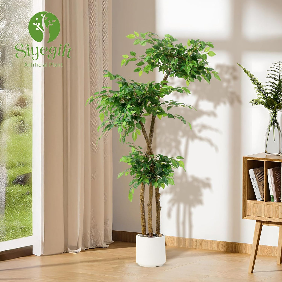 Artificial Ficus Tree with White Planter, Moss and Pebbles, 5FT