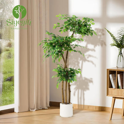 Artificial Ficus Tree with White Planter, Moss and Pebbles, 5FT