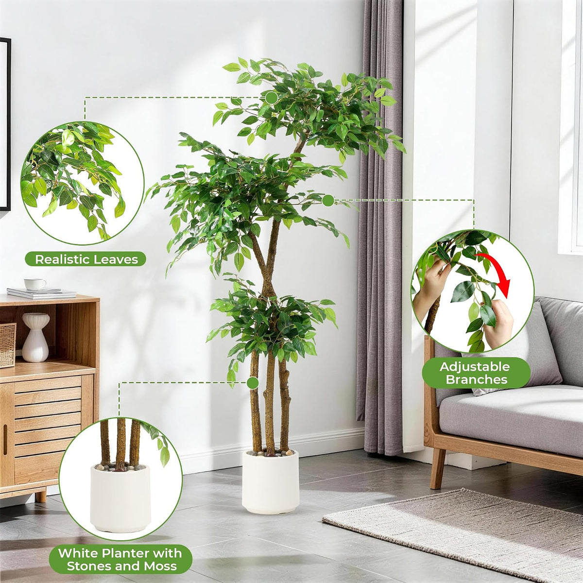 Artificial Ficus Tree with White Planter, Moss and Pebbles, 5FT