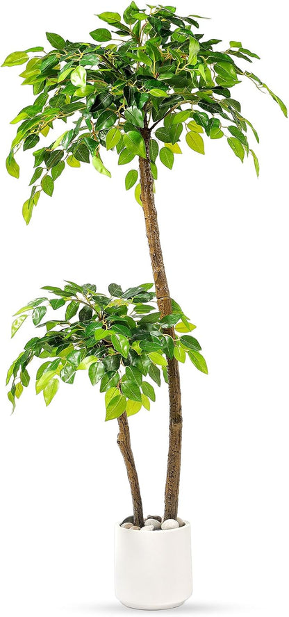 Artificial Ficus Tree with White Planter, Moss and Pebbles, 5FT