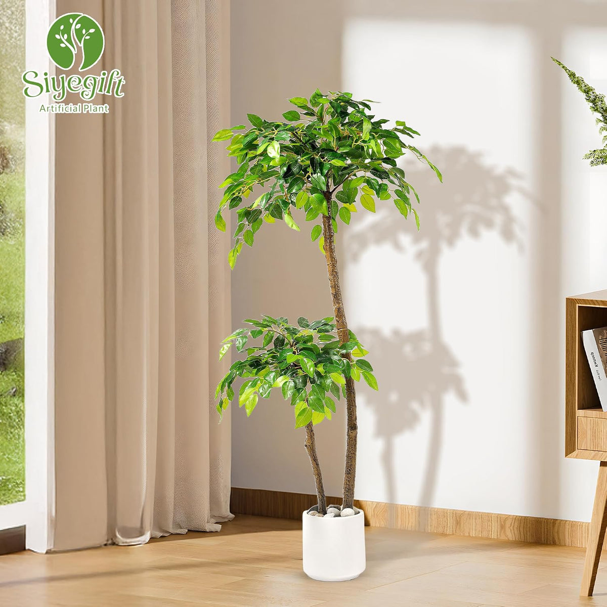 Artificial Ficus Tree with White Planter, Moss and Pebbles, 5FT