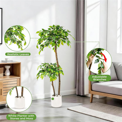 Artificial Ficus Tree with White Planter, Moss and Pebbles, 5FT