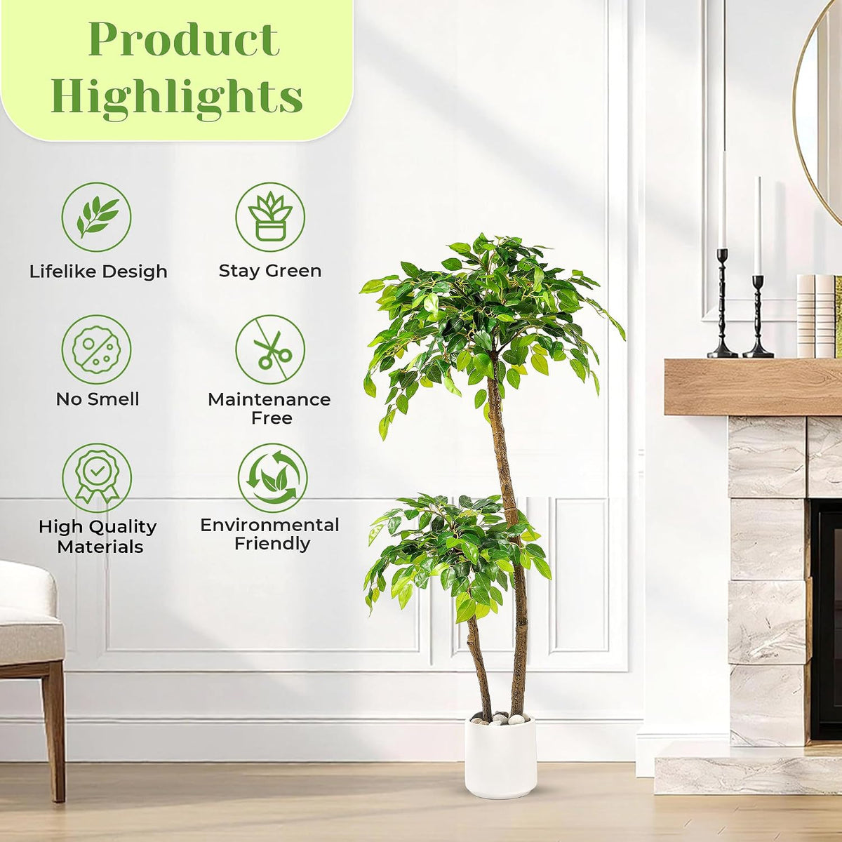 Artificial Ficus Tree with White Planter, Moss and Pebbles, 5FT