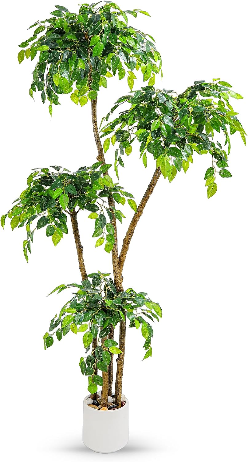 Artificial Ficus Tree with White Planter, Moss and Pebbles, 5FT
