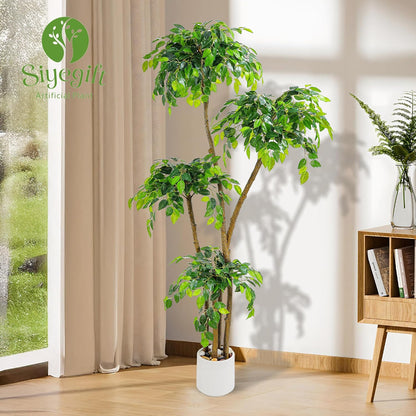 Artificial Ficus Tree with White Planter, Moss and Pebbles, 5FT