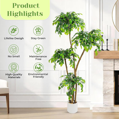Artificial Ficus Tree with White Planter, Moss and Pebbles, 5FT