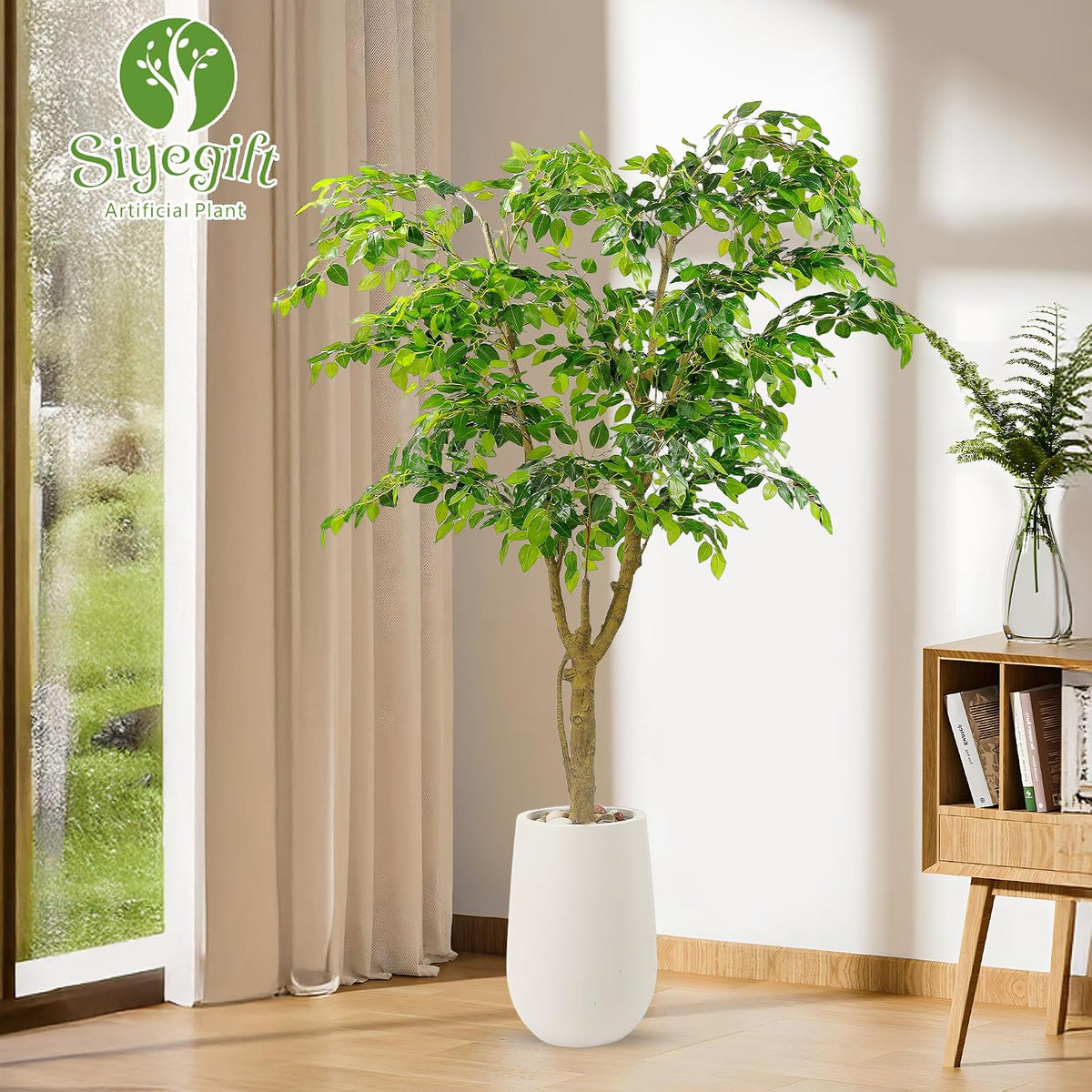 Artificial Ficus Tree with White Planter, Moss and Pebbles, 5FT
