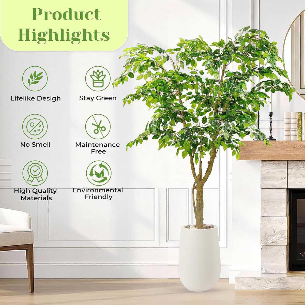 Artificial Ficus Tree with White Planter, Moss and Pebbles, 5FT