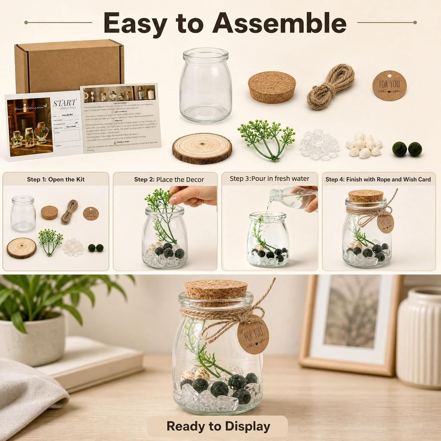 Moss Balls Glass Terrarium Kit - 5 Decorative Green Balls with Glass Jar, White Crystal, DIYAquarium and Desk Decor, Easy-Care Gift for Home and Office
