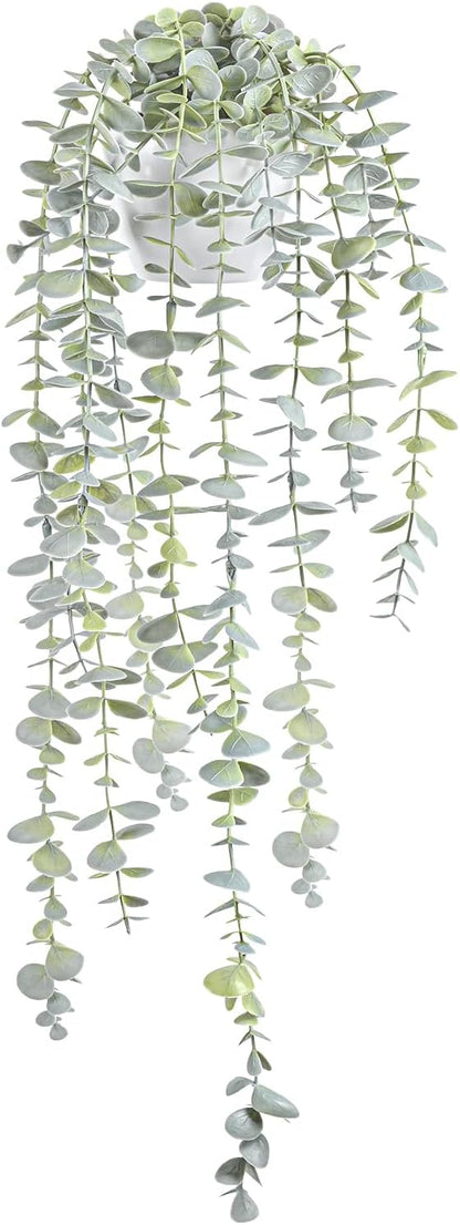 Decorative Hanging Plants for Shelf, Faux Ivy Eucalyptus Vine, Fake Greenery in White Bigger Pot (Light Green, 1PCS)