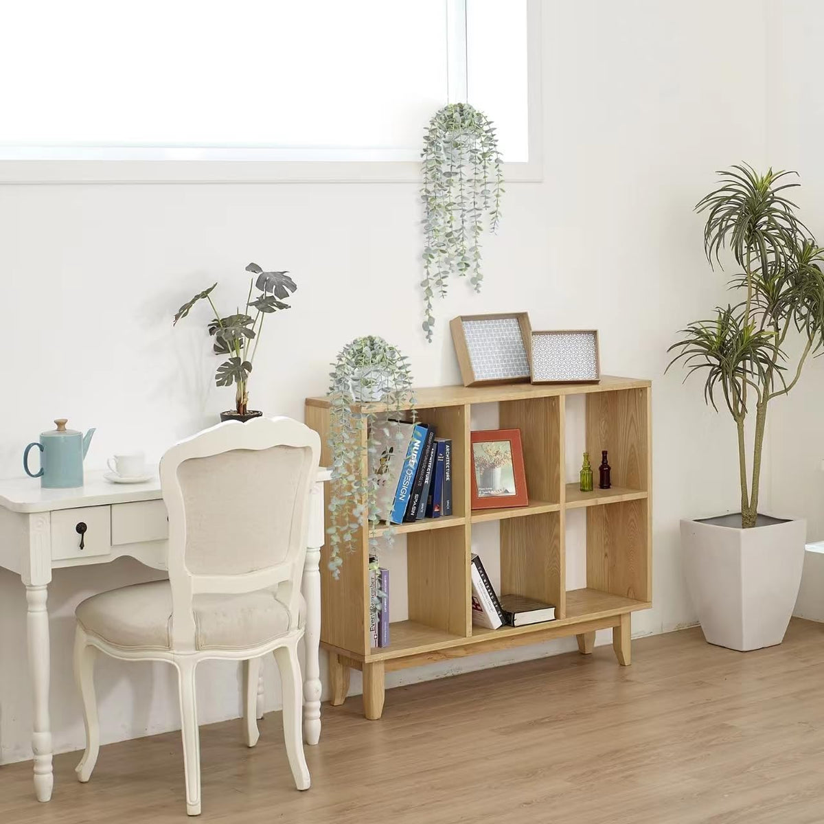 Decorative Hanging Plants for Shelf, Faux Ivy Eucalyptus Vine, Fake Greenery in White Bigger Pot (Light Green, 1PCS)