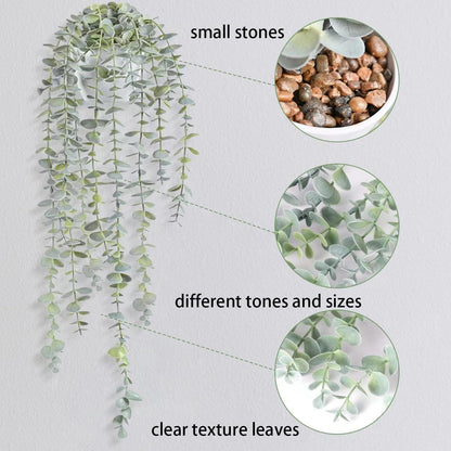 Decorative Hanging Plants for Shelf, Faux Ivy Eucalyptus Vine, Fake Greenery in White Bigger Pot (Light Green, 1PCS)