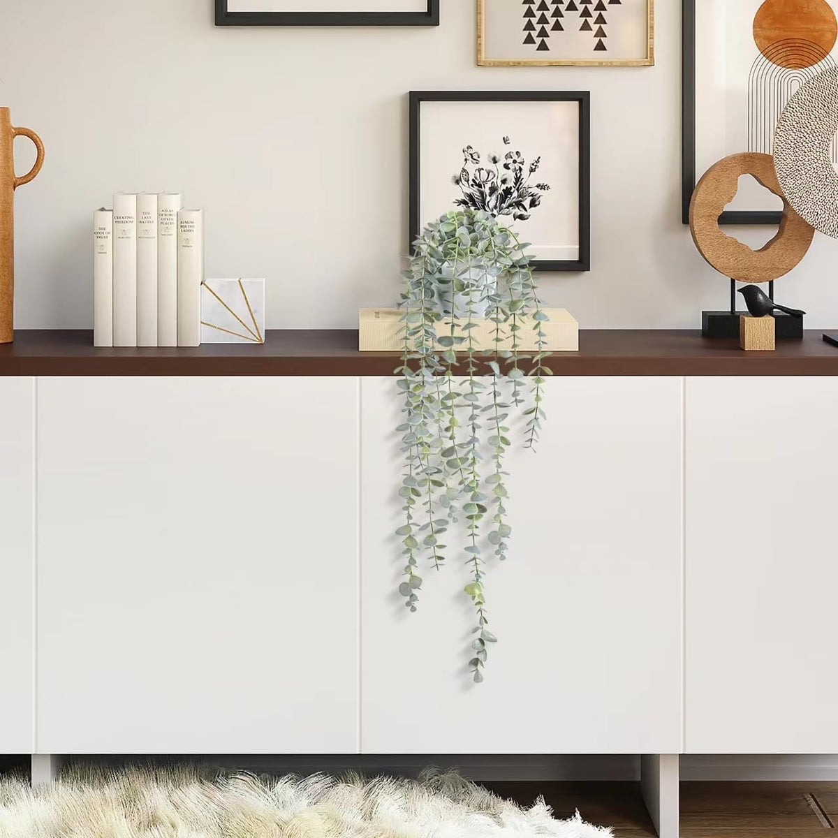 Decorative Hanging Plants for Shelf, Faux Ivy Eucalyptus Vine, Fake Greenery in White Bigger Pot (Light Green, 1PCS)