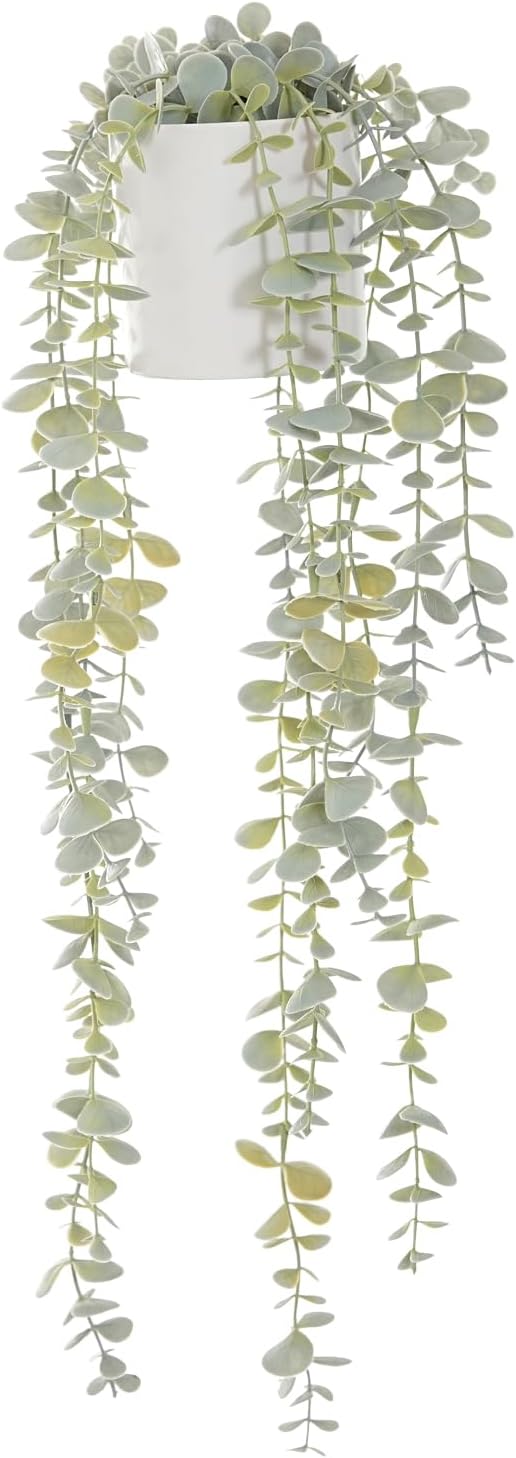 Decorative Hanging Plants for Shelf, Faux Ivy Eucalyptus Vine, Fake Greenery in White Bigger Pot (Light Green, 1PCS)