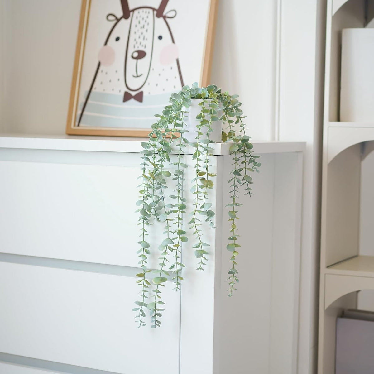 Decorative Hanging Plants for Shelf, Faux Ivy Eucalyptus Vine, Fake Greenery in White Bigger Pot (Light Green, 1PCS)