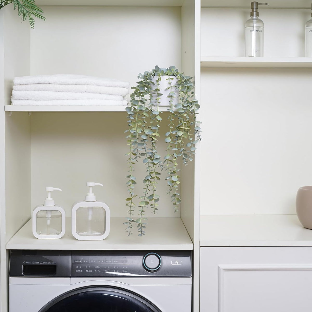 Decorative Hanging Plants for Shelf, Faux Ivy Eucalyptus Vine, Fake Greenery in White Bigger Pot (Light Green, 1PCS)