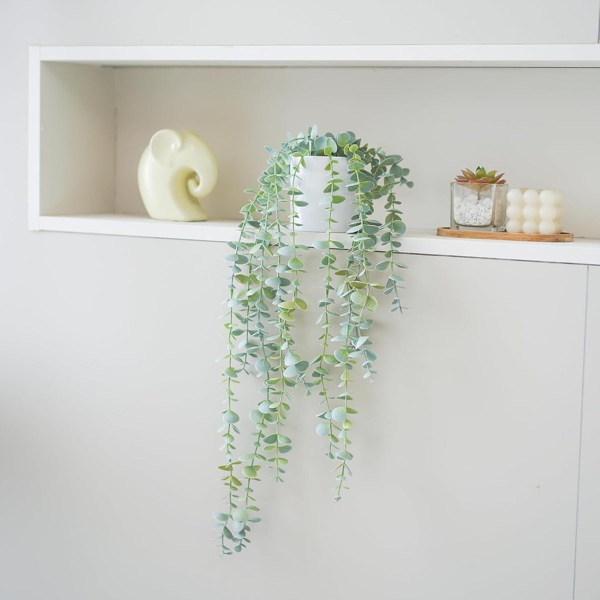 Decorative Hanging Plants for Shelf, Faux Ivy Eucalyptus Vine, Fake Greenery in White Bigger Pot (Light Green, 1PCS)