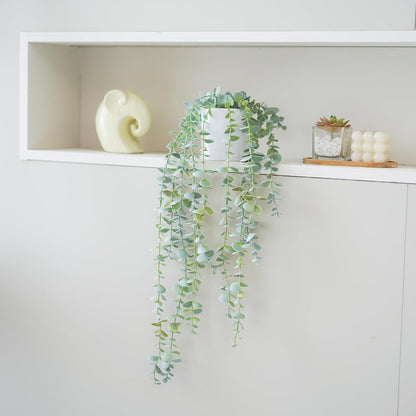 Decorative Hanging Plants for Shelf, Faux Ivy Eucalyptus Vine, Fake Greenery in White Bigger Pot (Light Green, 1PCS)