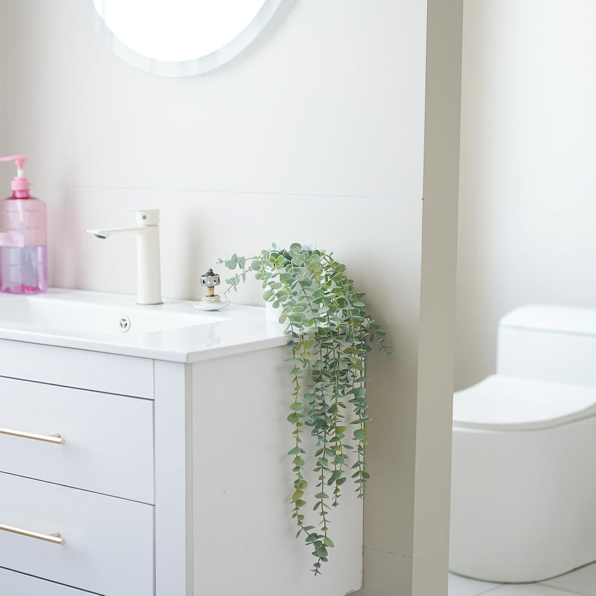 Decorative Hanging Plants for Shelf, Faux Ivy Eucalyptus Vine, Fake Greenery in White Bigger Pot (Light Green, 1PCS)