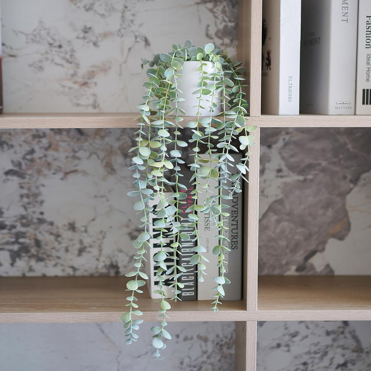Decorative Hanging Plants for Shelf, Faux Ivy Eucalyptus Vine, Fake Greenery in White Bigger Pot (Light Green, 1PCS)