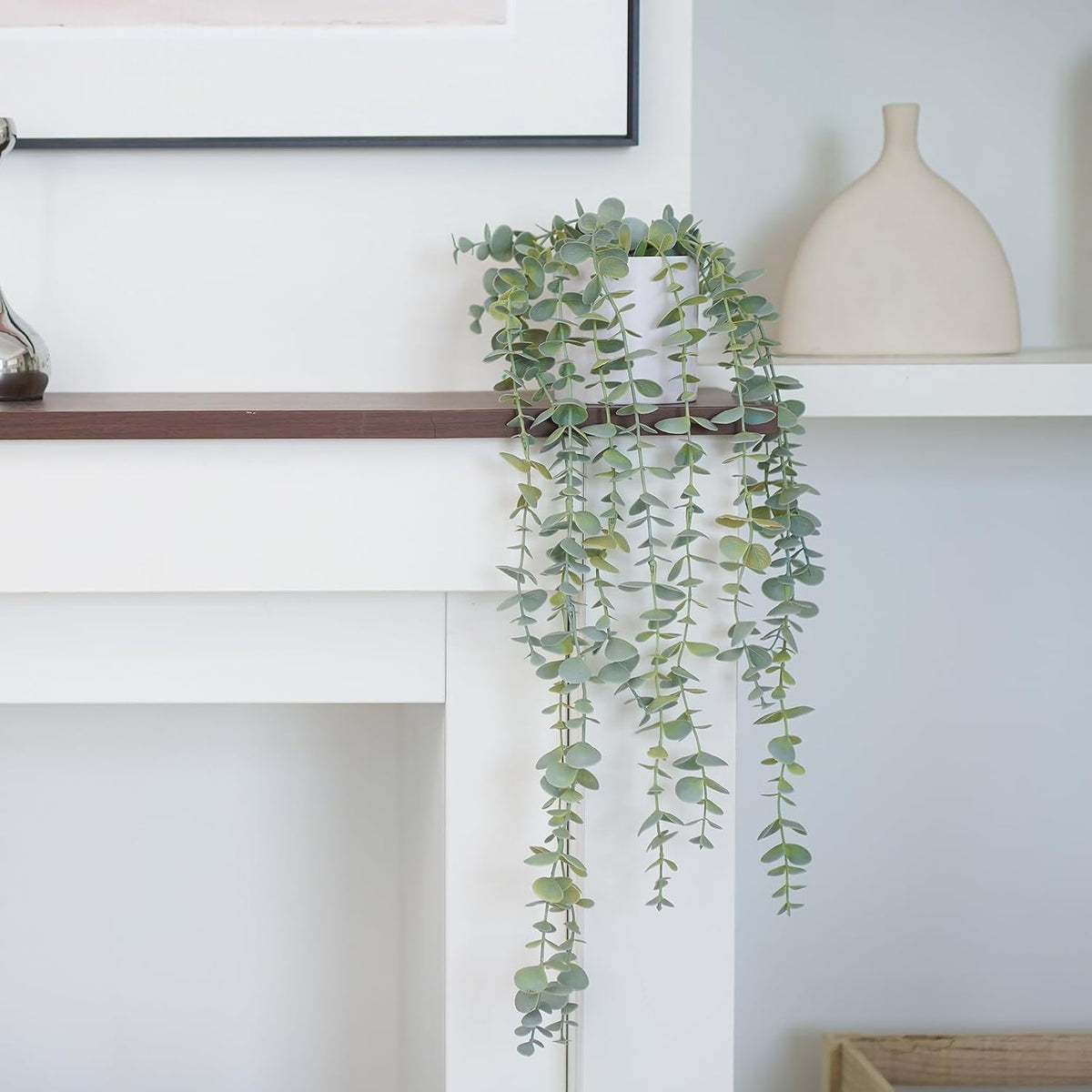 Decorative Hanging Plants for Shelf, Faux Ivy Eucalyptus Vine, Fake Greenery in White Bigger Pot (Light Green, 1PCS)