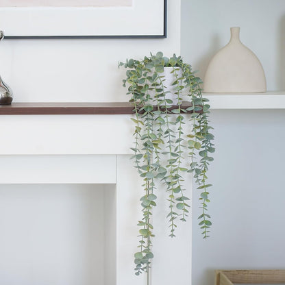 Decorative Hanging Plants for Shelf, Faux Ivy Eucalyptus Vine, Fake Greenery in White Bigger Pot (Light Green, 1PCS)