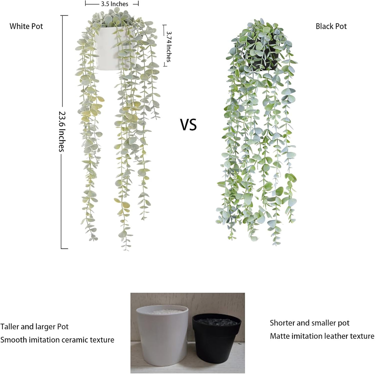 Decorative Hanging Plants for Shelf, Faux Ivy Eucalyptus Vine, Fake Greenery in White Bigger Pot (Light Green, 1PCS)