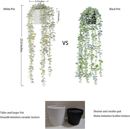 Decorative Hanging Plants for Shelf, Faux Ivy Eucalyptus Vine, Fake Greenery in White Bigger Pot (Light Green, 1PCS)