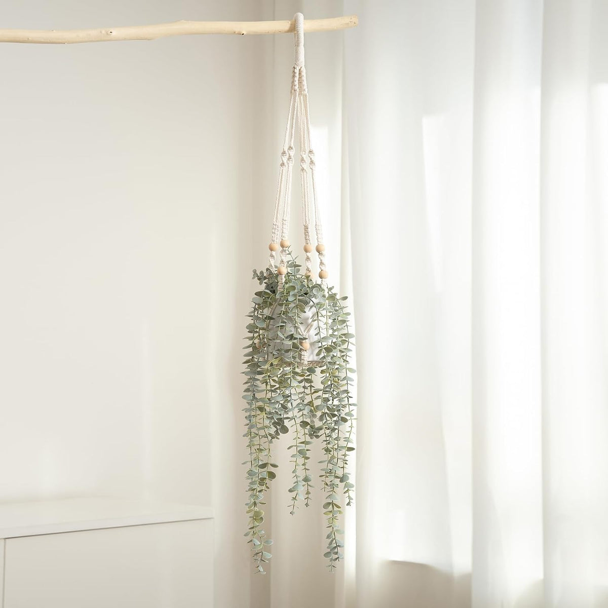 Decorative Hanging Plants for Shelf, Faux Ivy Eucalyptus Vine, Fake Greenery in White Bigger Pot (Light Green, 1PCS)