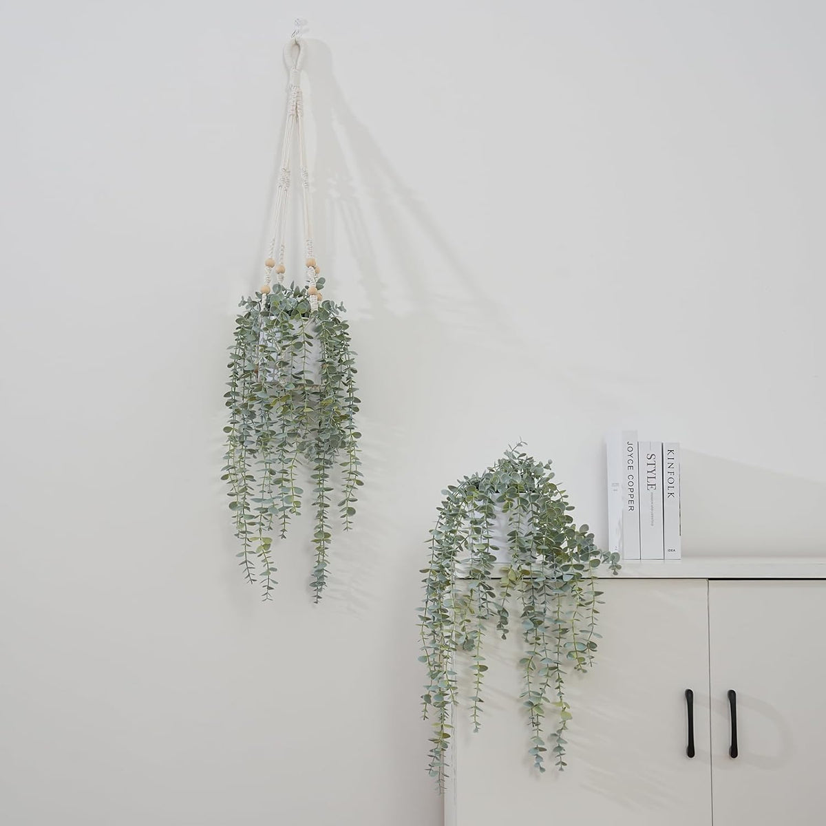 Decorative Hanging Plants for Shelf, Faux Ivy Eucalyptus Vine, Fake Greenery in White Bigger Pot (Light Green, 1PCS)
