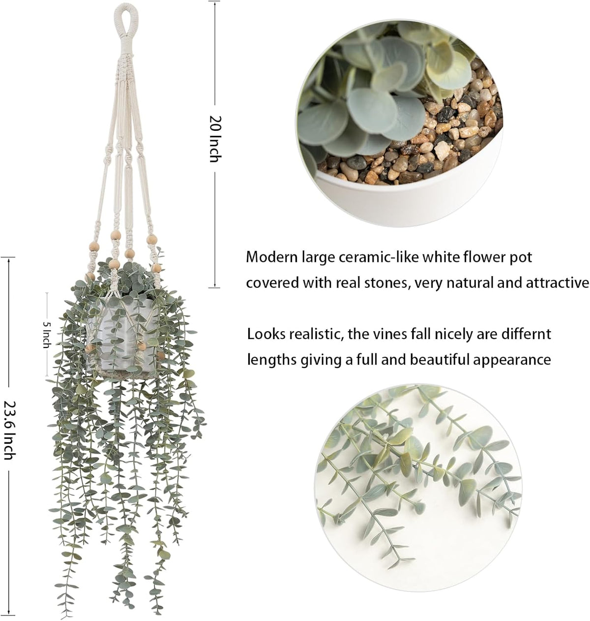 Decorative Hanging Plants for Shelf, Faux Ivy Eucalyptus Vine, Fake Greenery in White Bigger Pot (Light Green, 1PCS)