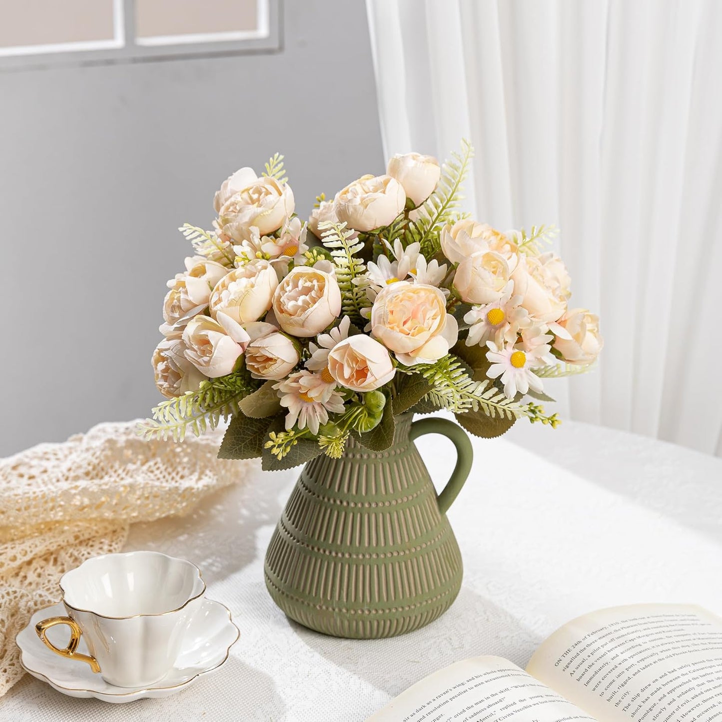 Artificial Peonies Flowers,Fake Peony Silk Flower Bouquet 3 Bundles Plastic Florals Bulk Arrangements for Vase Wedding Decoration(Orange)