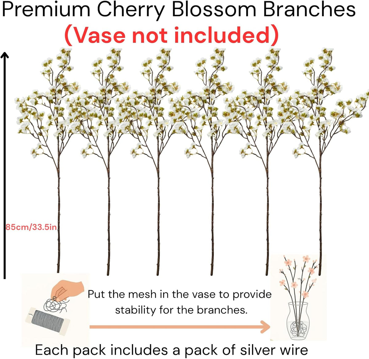 White Cherry Blossom Branches – 6 Pcs 33.5" Long Stem Artificial Flowers