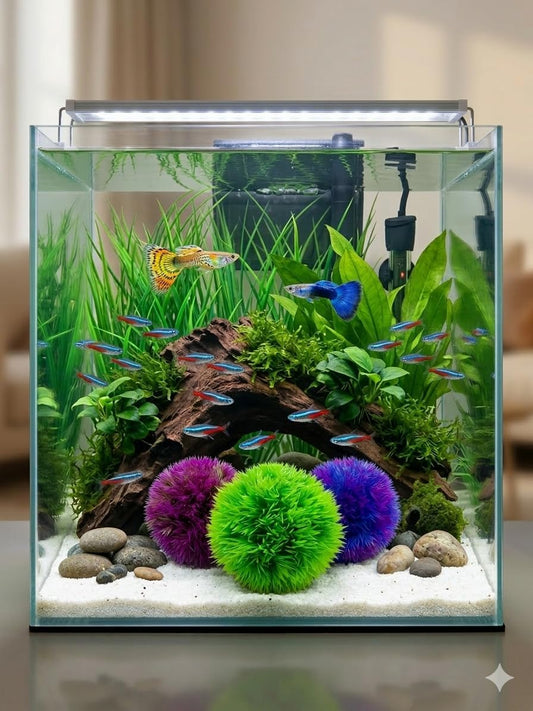 Aquarium Moss Ball Decorations 4 Inch – Artificial Marimo Betta Fish Tank Plant, Soft Plastic Decorative Balls for Aquarium, Fish Tank, Terrarium, Set of 3 Multicolor