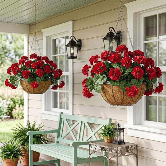 Artificial Geranium Flowers for Outdoor Planters — UV Resistant, 6 Bundles 15.7'' Stems, Realistic Silk Blooms for Front Door Porch Patio, Window Boxes & Home Decor, Red