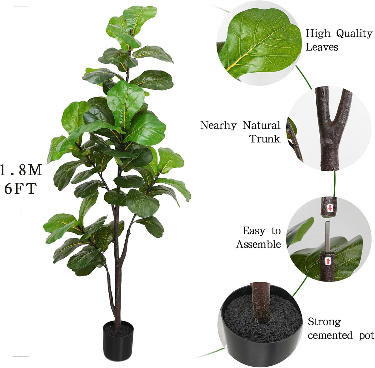 6ft Fiddle Leaf Fig Tree Artificial Plant in Pot for Indoor Home Decor