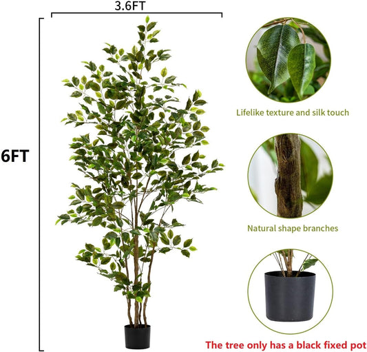 Artificial Ficus Tree Indoor 6ft, Large Potted Faux Tree with Realistic Silk Leaves & Trunk for Home Office, Living Room Corner Decor