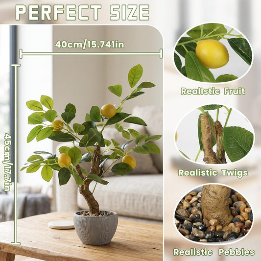Artificial Fake Lemon Tree Potted Plant with Pot, 17.7" Tall Small Artificial Citrus Tree Plant Desk Decor, Realistic Decorative Potted Faux Plants Indoor Shelf Decor for for Home Office Desk