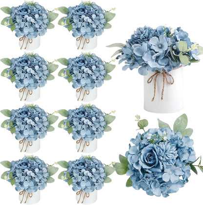 10PCS Flower Centerpieces for Tables, Blue Hydrangeas and Roses | with Metal Vase, Ready-to-Use, Flower Table Centerpieces for Wedding, Baby Shower, Reception Party Table Decor